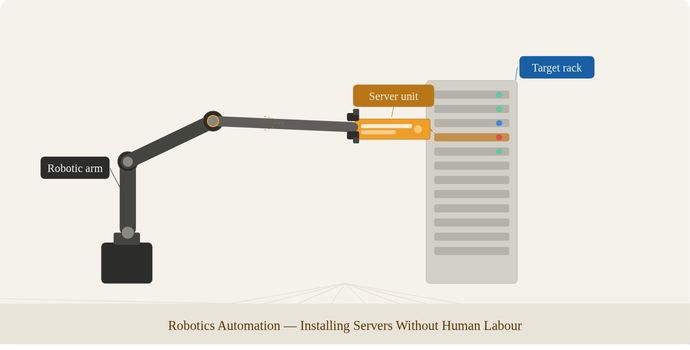 Robotic arm automating server installation in a data centre rack