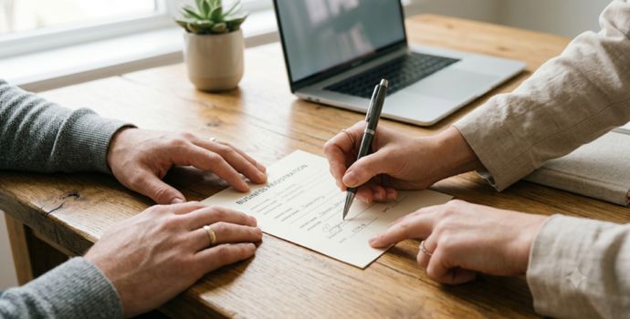 Small business owner signing LLC registration paperwork at a desk