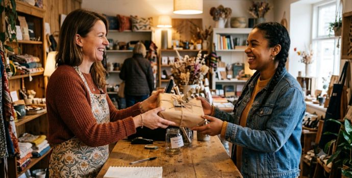 Small business owner handing a product to a customer at the counter